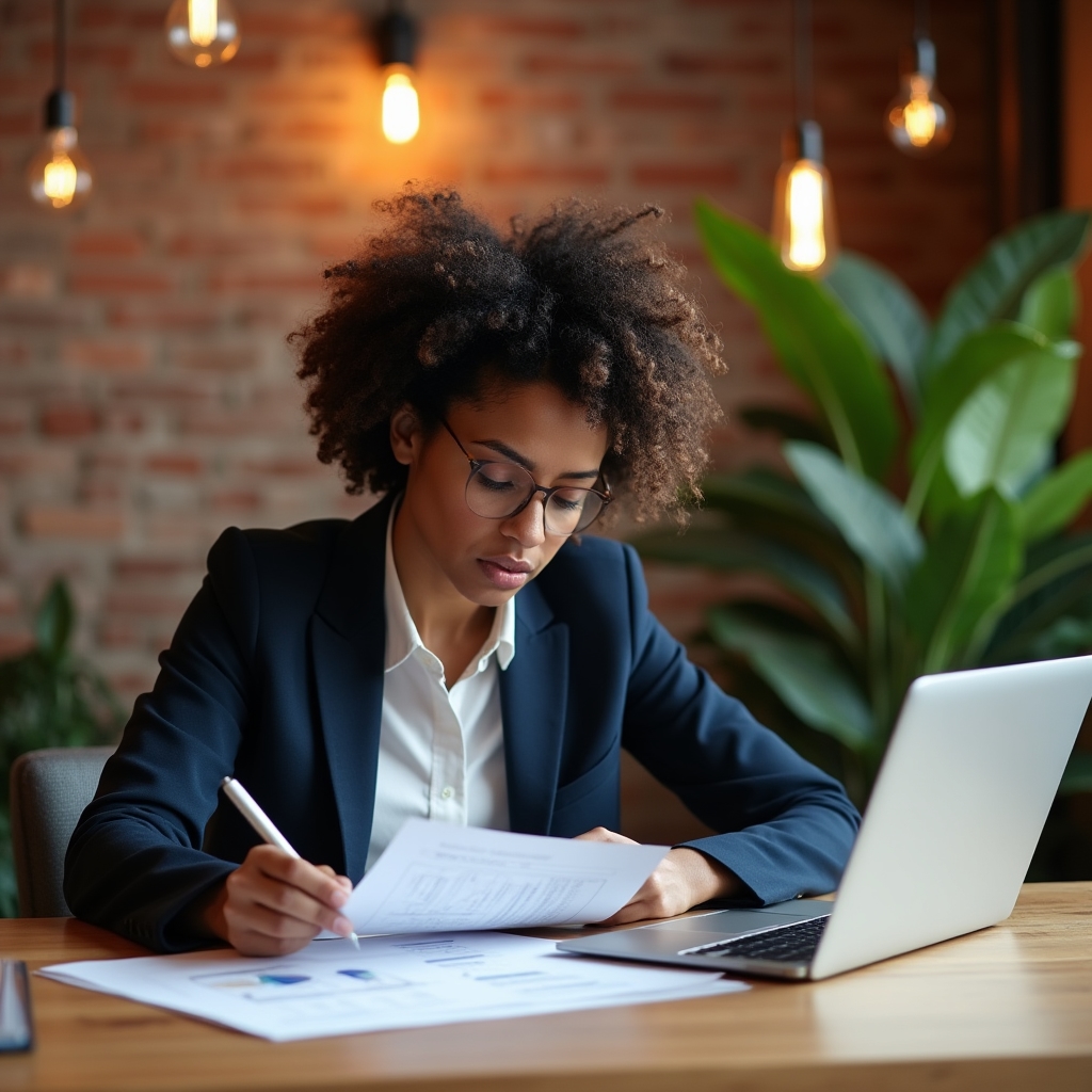 Freelancer lucrând strategic la birou modern